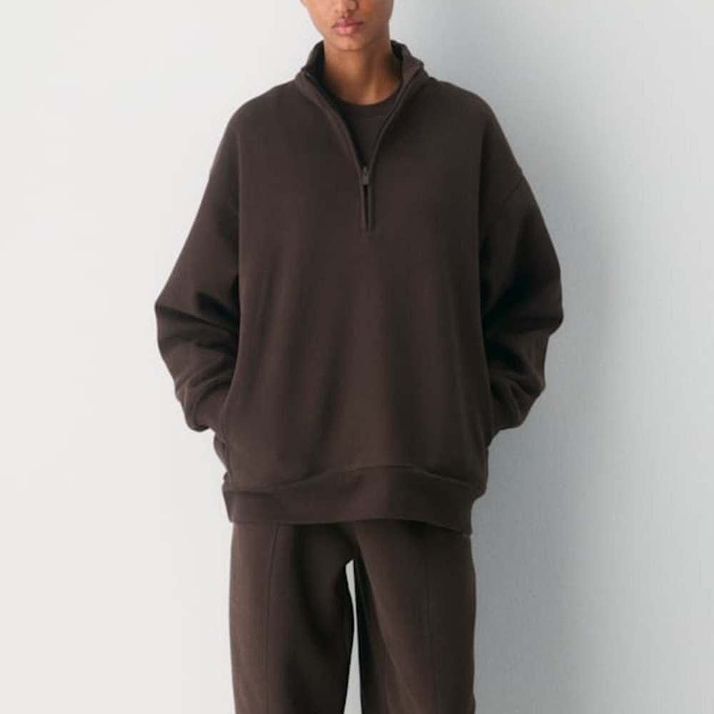 NWT SKIMS Boyfriend Cotton Fleece Slouchy Half-Zip Pullover in Espresso Brown